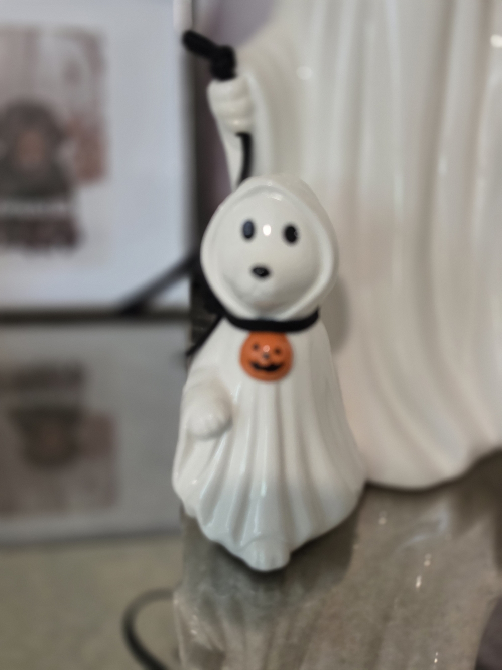 Ceramic Halloween Ghost Figurine with Pumpkin Accent - White - Picture 3 of 8